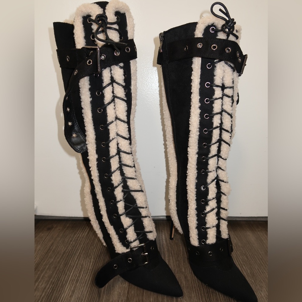 Fashion Nova Black and Cream Lace Up Boots